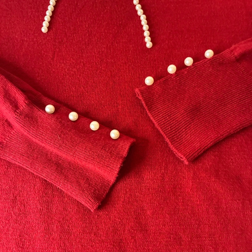 Elle Womens Red Holiday Top Pearl Bow Sweater Small Coquette Crew Knit Party - Picture 6 of 11